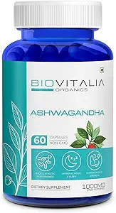 天然Ashwagandha Capsules 1000mg 草药睡眠援助补充剂,供成年男女使用,帮助应对压力支持能量和Mood,促进心灵的平静-60 Vegan Capsule