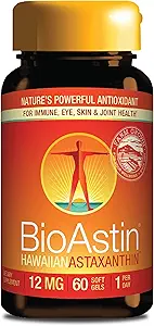 Nutrex Hawaii BioAstin Hawaiian Astaxanthin - 12mg, 60 Softgels - Farm-Direct Premium 抗氧化剂补充剂 支持眼,皮肤,联合和免疫系统健康 - 非GMO和无胶体