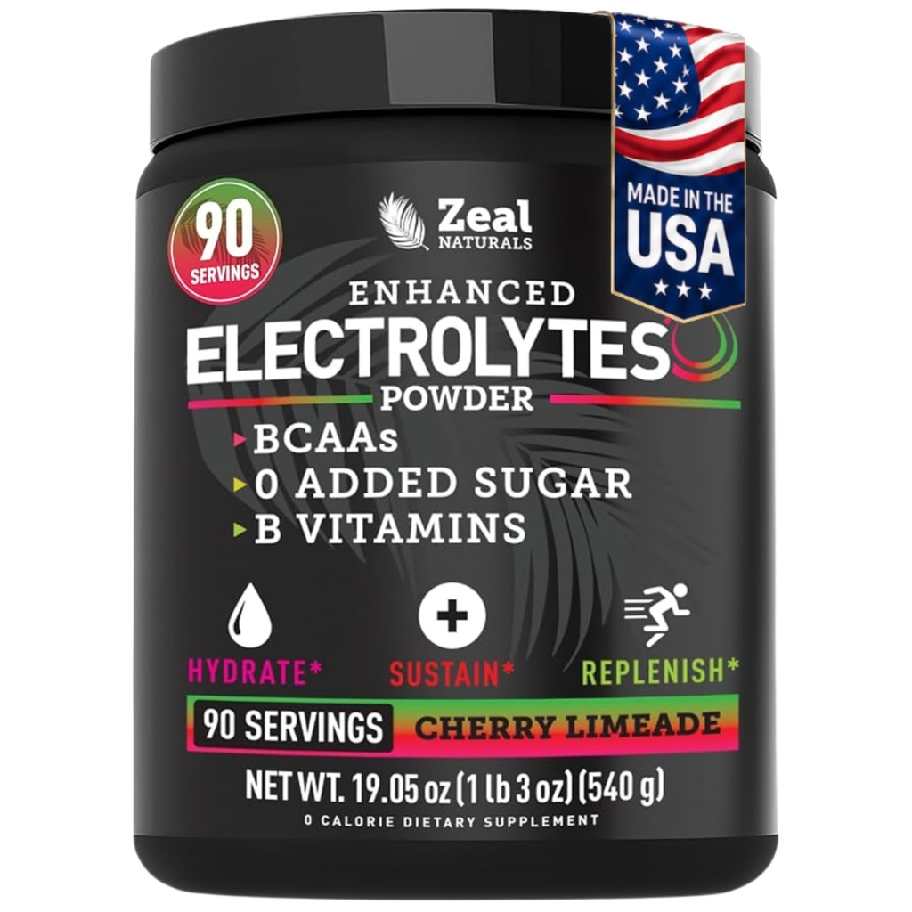 Zeal Naturals 电解石粉回收饮料(90 services QQ樱桃Limeade) w 0 糖 + BCAAs + B-维生素 电解液补充 w 钾 锌与镁 水解 - Keto 电解液