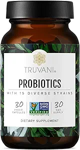 Truvani Probiotic Supplements 30 services 15亿 CPU 15 多种草丛用于消化、免疫和脑健康支持 Serf-Stable Vegan Capsules 非GMO,无填充器