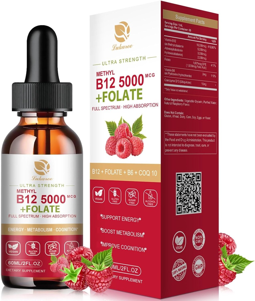 Lukaree维生素B12 副语言投放 Vegan B12 维生素液体-富尔光谱-Methylcobalamin, Adenosyl和Hydroxy B12, 用于能源,焦点, Mood & Immune 支持 - 2个月供应, 2 fl oz