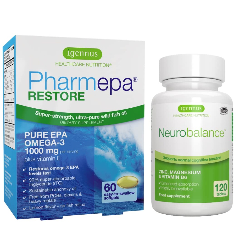Igennus Pharmepa 恢复 EPA + 神经平衡锌、镁和维生素B6 Mood Health Bundle 供关注和关注