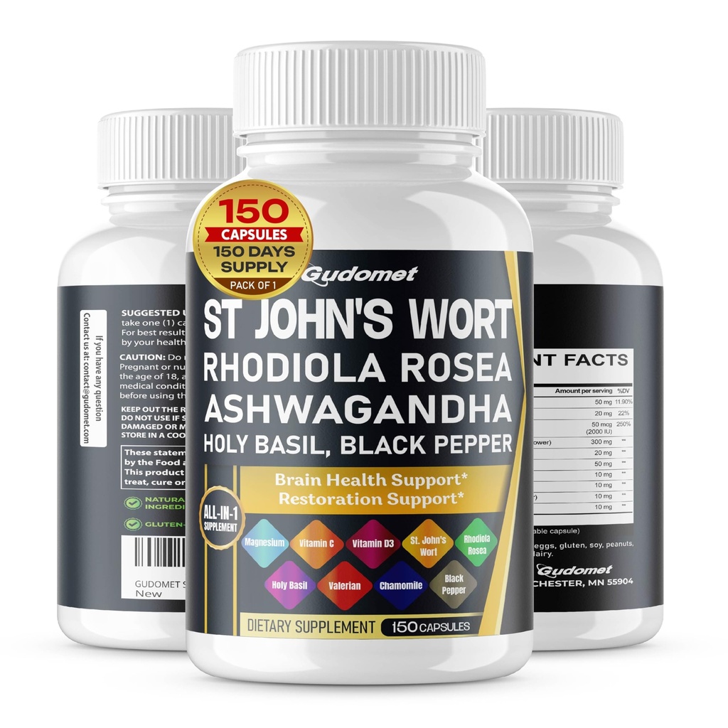 (原始内容存档于2018-09-25). St. John's Wort Rhodiola Rosea Ashwagandha Holy Basil Valerian Chamomile Black Pepper - 150 Capsules - 制造于美国).