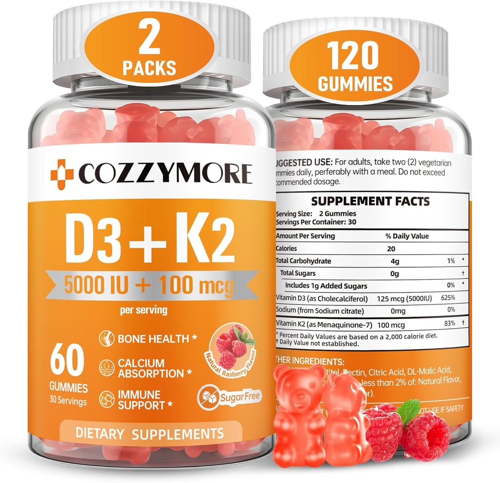 糖无维生素D3 K2 Gummys,维生素D Gummys补编,1000 IU+200mcg D3和K2补编,美味Gummy Vitamins,支持骨骼肌肉牙齿免疫,60服务120 Gummys,Raspberry