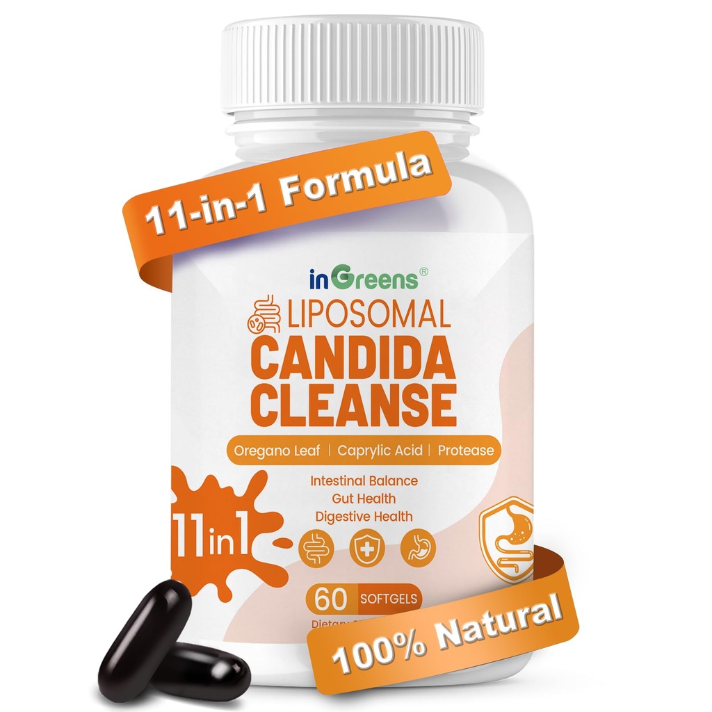 inGreens 11-in-1 Candida Support Supplement, Antifungal Overgrowth, Intestinal Detox & Gut Health for Women & Men, Balance Probiotic, Natural Herbal Oregano & Caprylic Acid Softgels, 60 Count