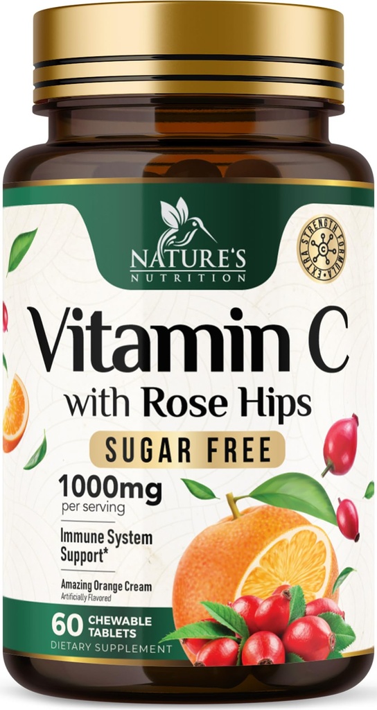 维生素C Chewable 1000mg - 超强抗氧化剂用于强力免疫支持 w/Vitamin C & Rose HIPS - 强力饮食VIT C Chews 补充剂,天然橙色Flavor, Vegan, Non-GMO - 60片