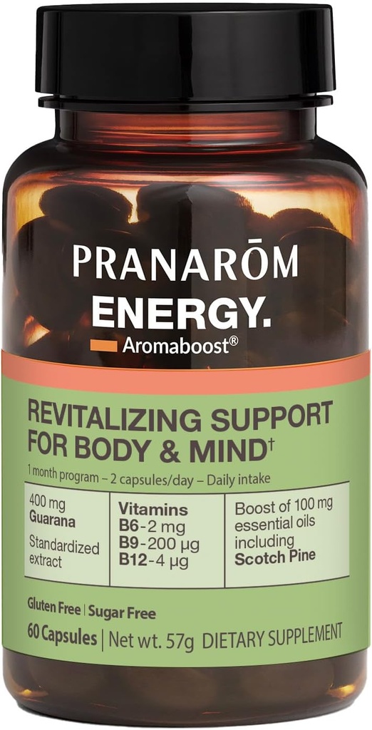 Pranarom - Aromaboost 能源草药补充剂 - 生理和精神肥胖 - Guana - 维生素 B6 B9 B12 - 纯苏格兰松基本油 - 60 Counter