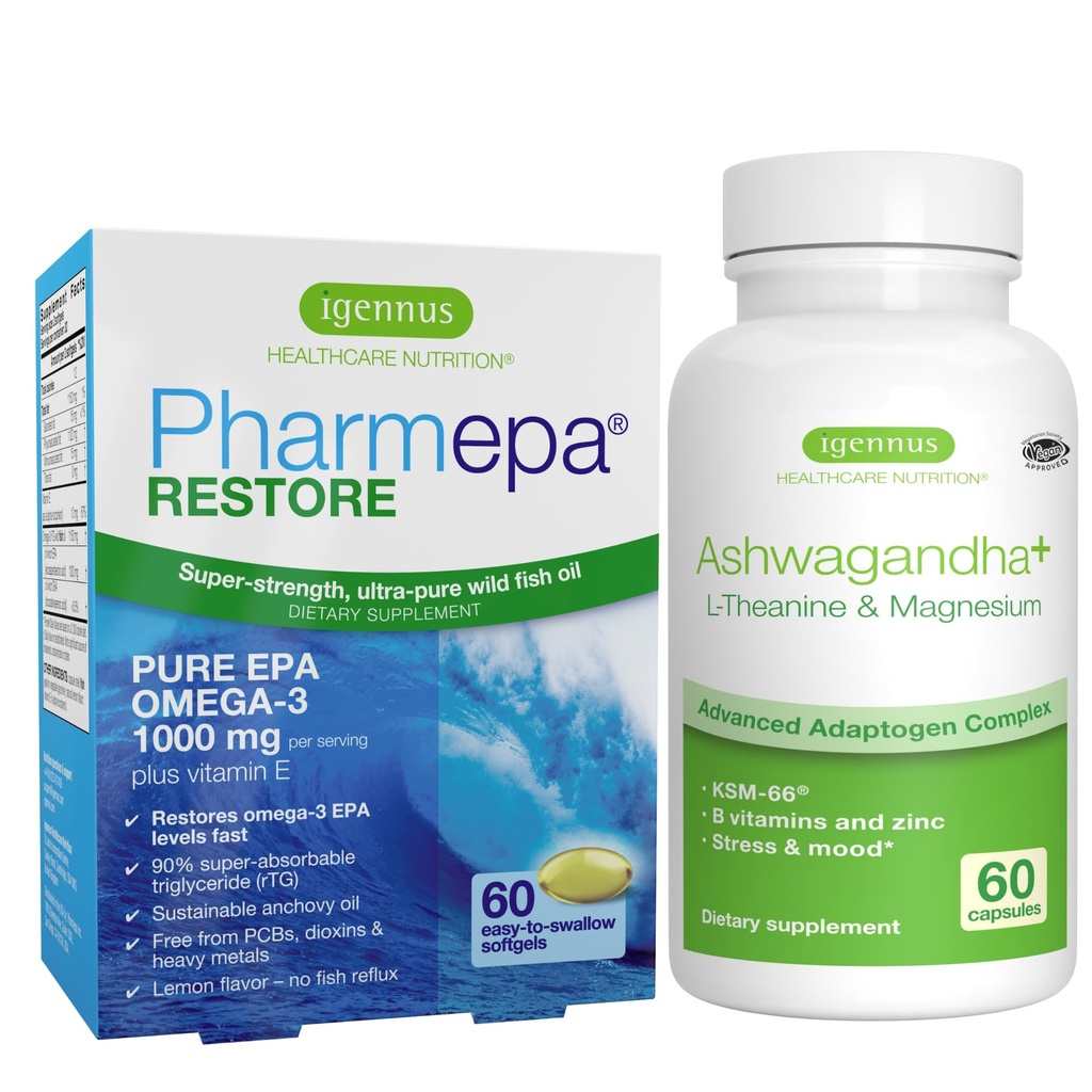 Igennus Pharmepa 恢复 + Ashwagandha + L- Thenine & Magnesium Bundle, 1000mg Pure EPA Omega-3 鱼油 + 600mg KSM-66 Ashwagandha 适应性复合物与锌和乙维生素,Mood和压力支持