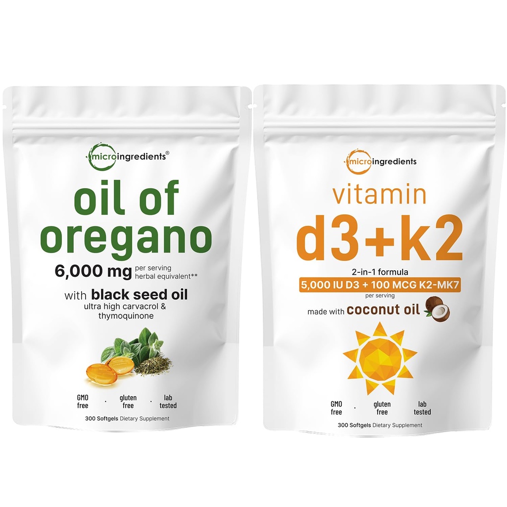 Oregano软胶的微成份油 6 000 mg Perer Service & Vitamin D3 5000 IU Plus K2(MK-7) 100 mcg,300 Virgin Coconut Oil Softgel Bundle Pack → 4X 强卡瓦罗尔和Thymoquinon → 基本