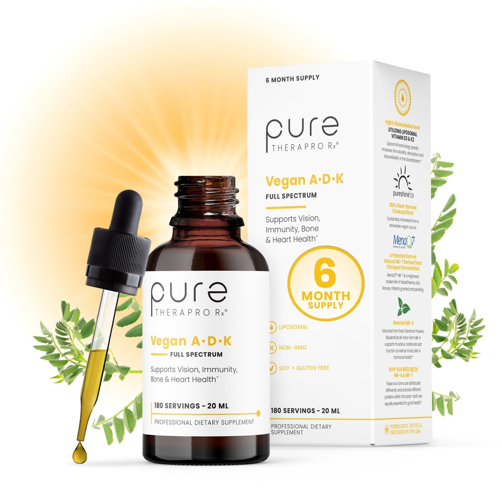 纯TheraPro Rx Vegan A-D-K Drops-6 Mon 供应-维生素A(保质素和βrotene)、脂质维生素D3(作为素食性胆固醇)、脂质维生素K2(MK-4和MK-7)