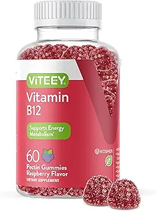 Viteey Vitamin B12 Gummys - 认知支持和能量Gummys - Vegan, Gelatin Free, Gluten Free - 60 Counter (英语).
