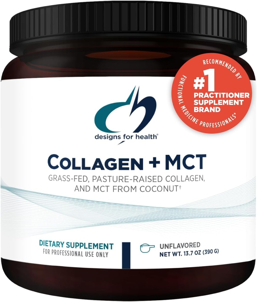 Designs for Health Collagen + MCT, Unflavored - Hydrolyzed Grass-Fed Collagen Peptides with MCT Oil Powder to Promote Mental Focus, Sustained Energy, Skin & Gut Health (30 Servings)