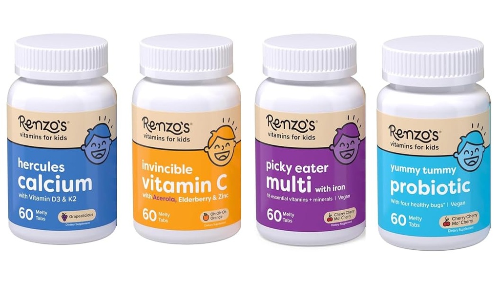 Renzo的维生素小子 基本包 - 亲生包 维生素C 配有老年莓和锌 用于免疫支持, Picky Eater Kids Multivitamin 和 赫拉克勒斯钙