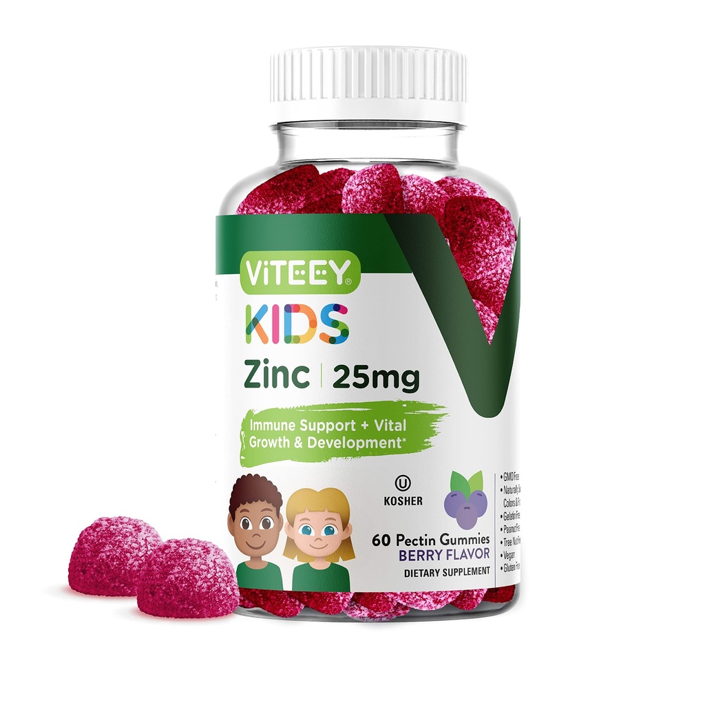 Viteey Zinc for Kids Gummys, 25mg - 免疫支持 - 强力天然抗氧化剂,Kids Zinc维生素补充剂 - Vegan, Gelatin Free, Gluten Free - Tasty Chewable Berry Flavor Gummy (英语).