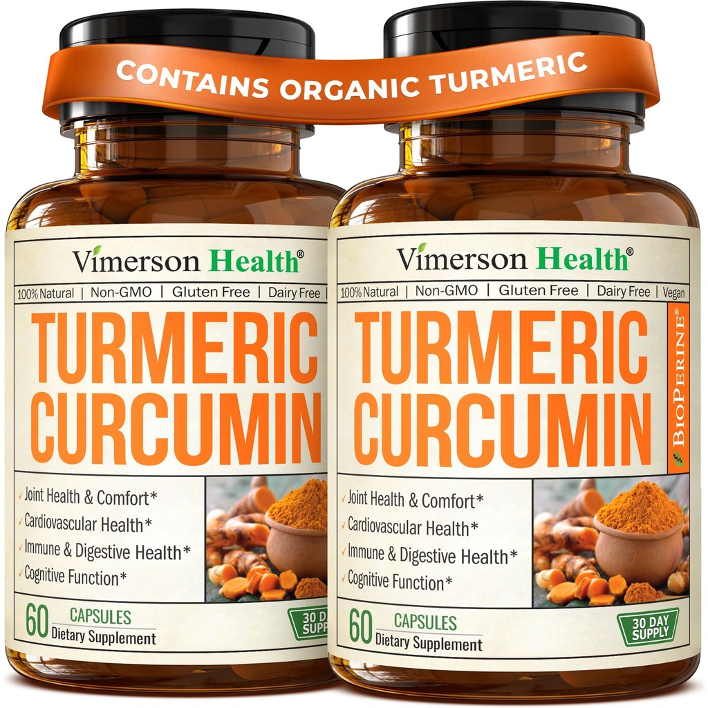 Turmeric Crucumin 配黑椒抽取剂 - 高概率有机Turmeric 1200mg & 95% Crucuminoids for Joint & Digestive Health - 联合支助补编 - 60 Curcuma Capsules - 2 Pack