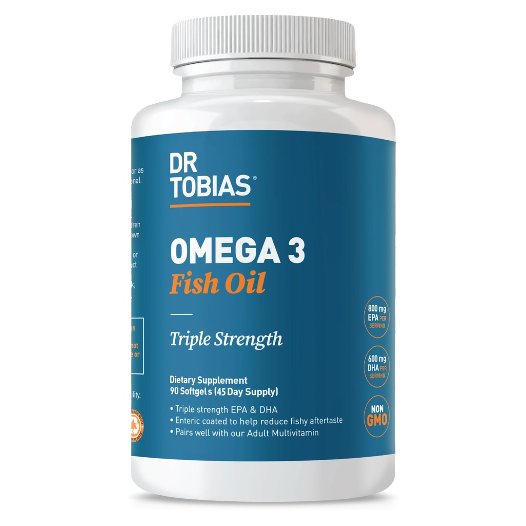 Tobias Omega 3 Fish Oil博士,2000mg 三重力,800mg EPA 600mg DHA Pervice, Fish Omega 3 心脏、脑和免疫支持补充剂,90 Softgels, 45 Services