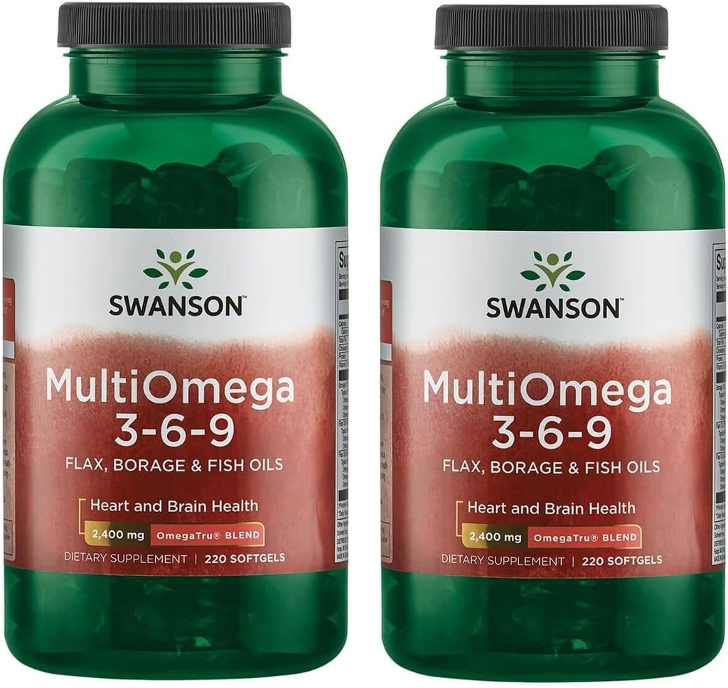 Swanson MultiOmega 3-6-9 - Non-GMO Flax, Borage & Fish Oil Capsules - Essential Fatty Acids Supporting Cardiovascular Health & Brain Health - (220 Softgels, 2400mg Serving) 2 Bottles