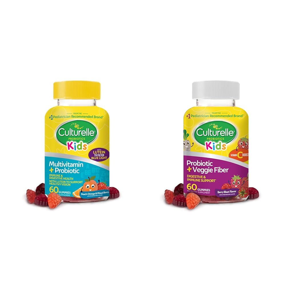 Culture Kids Probiotic Gummys for Ages 2+ - 桃橙和混合Berry Flavors & Daily Probiotic for Kids + Veggie Fiber Gummys (Ages 3+) - 60 Counter - 消化剂