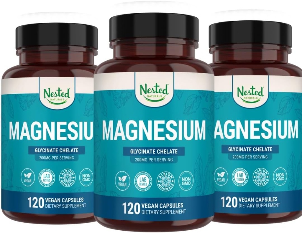 Nested Naturals Magnesium Glycinate Chelate + 肌肉硬化、放松和睡眠支持的镁补充 + 100% Chelated Albion TRACS 增殖镁 Glycinate 200mg → → (3-Pack)