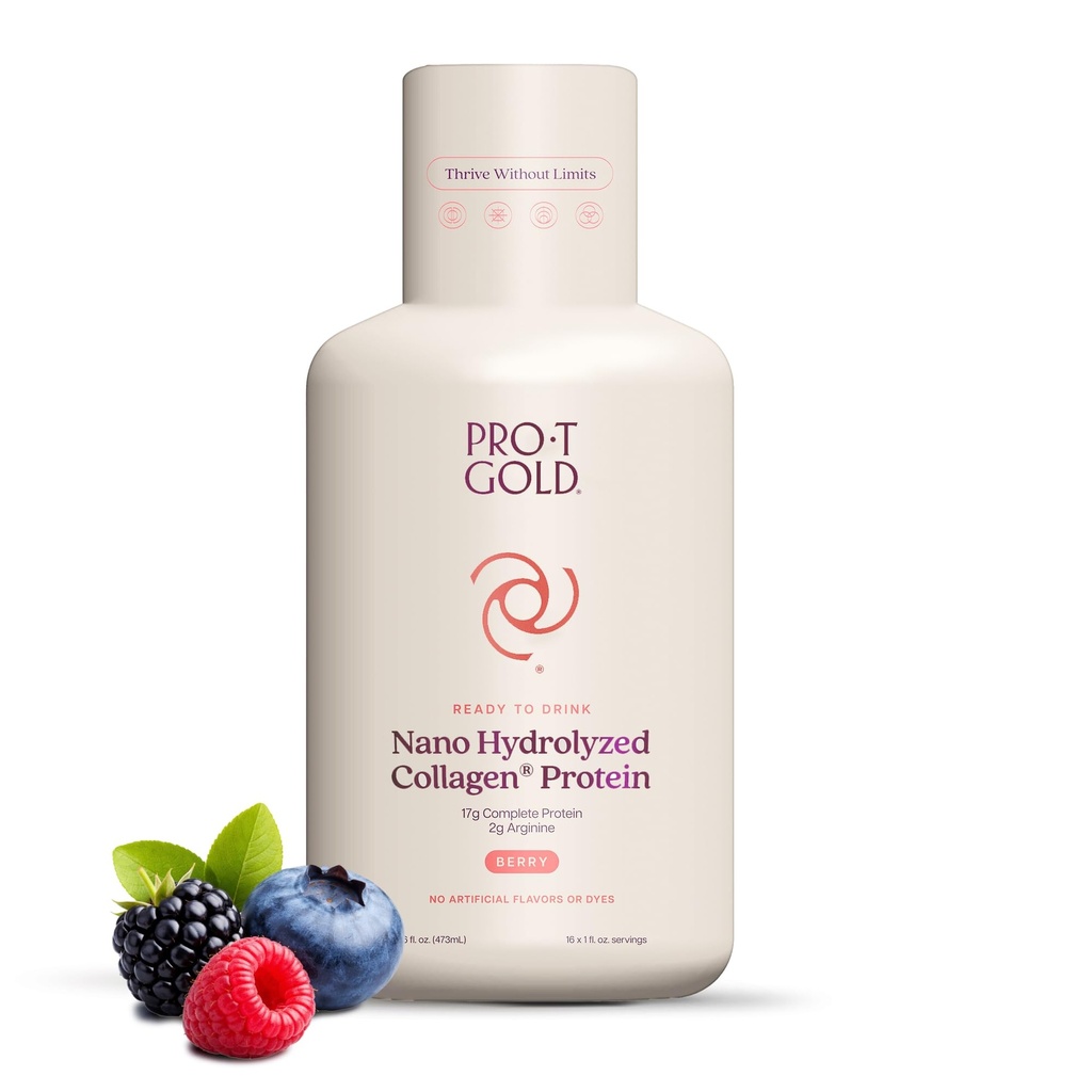 ProT Gold Liquid Collagen Protein Shot, Support for Hair, Nails and Skin, 17g, Nano Hydrolyzed & Grass Fed with Amino Acids, Sugar Free, Gluten Free, 0g Carbs, Berry, 16 FL OZ