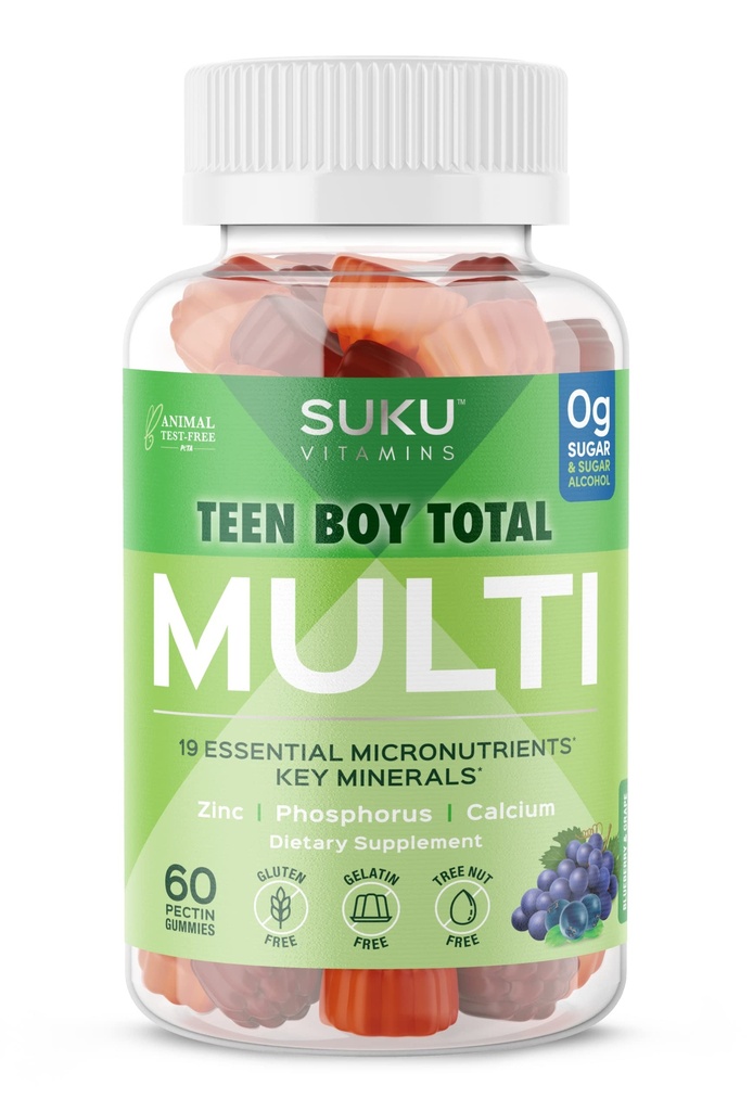SUKU 少年男孩多维塔明 Gummys – 维生素 A, B12, C, D3, E, Zinc & Biotin – 无糖蔬菜补充剂 能源,增长,Immune & Bone健康 – Grape Flavor – 60 Counter