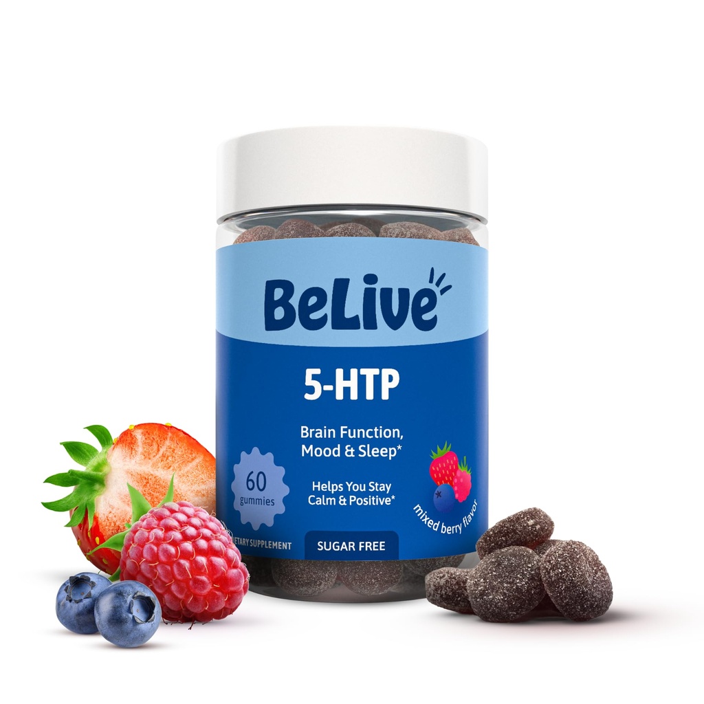BeLive 5-HTP Gummys - 60 Ct I 5HTP 压力救济Gummys for Better Sleep,Highted Focus,Mood Boster 和压力救济I Serotonin 成人助攻,Vegan 5 HTP 补充 - 混合贝里士Flavor