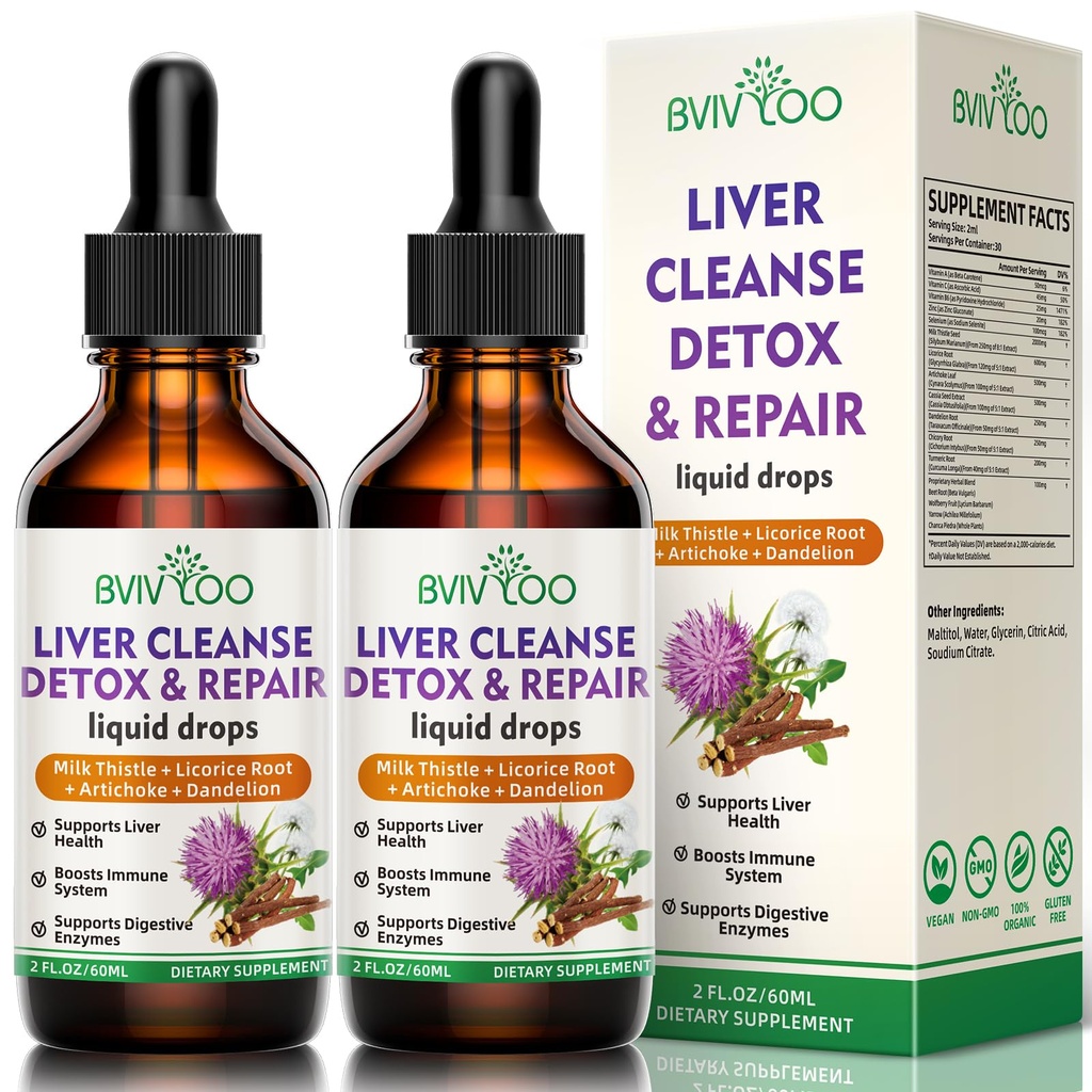 2 Pack Liver Health Lids Drops - 2000mg Milk 硝酸盐,丹德利翁根,Artichoke, Silymarin 提取剂, & Turmeric Herbs - Vegan, Non-GMO - 4 Fl Oz (120毫升)