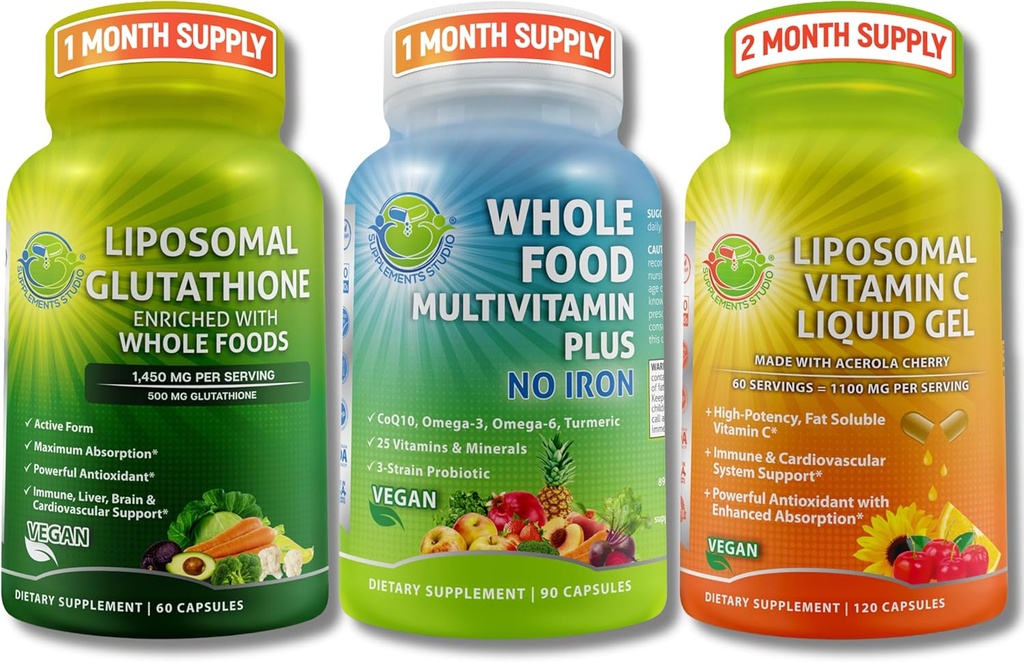 每日免疫、抗氧化剂和能源支持包 — Liposomal Glutathione 500mg 配有全食+ Liposomal Vitamin C 1100mg 液态Gel + Vegan 全食 无铁多维生素