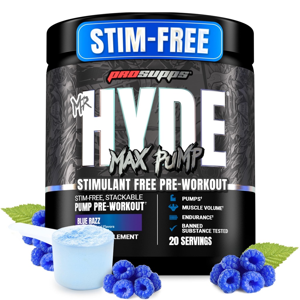 ProSupps Mr. Hyde Max Pump Pre Workout Powder - Stim-Free Preworkout Supports Blood Flow, Muscle Volume & Endurance - Caffeine-Free Nitric Oxide Gym & Fitness Supplements (Blue Razz, 20 Servings)