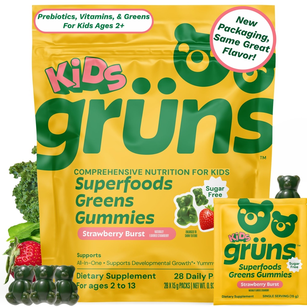 Gruns Kids Vitamins, Super Greens Gummys, 无糖超级食品 Gummy Bears with Spiruina, Chlorella, 营养健康预生纤维, 适应原体补充, 20 Vitamins & Minerals, 28日包装