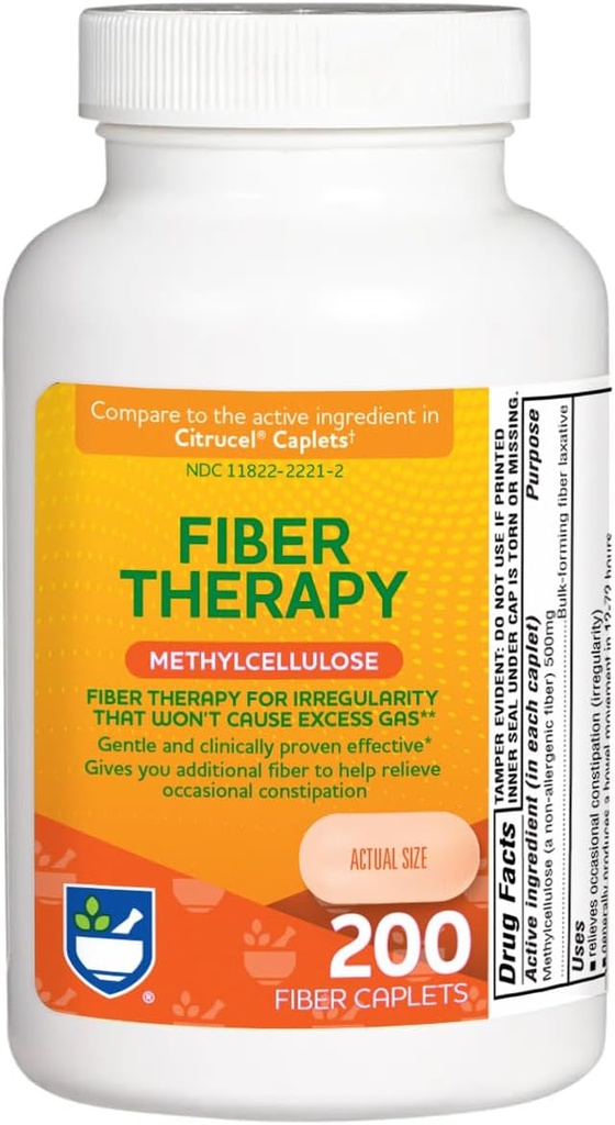 Rite Aid Fiber治疗 溶性纤维补充物200卡,500mg 甲基纤维素,辅助药剂,成人纤维药剂
