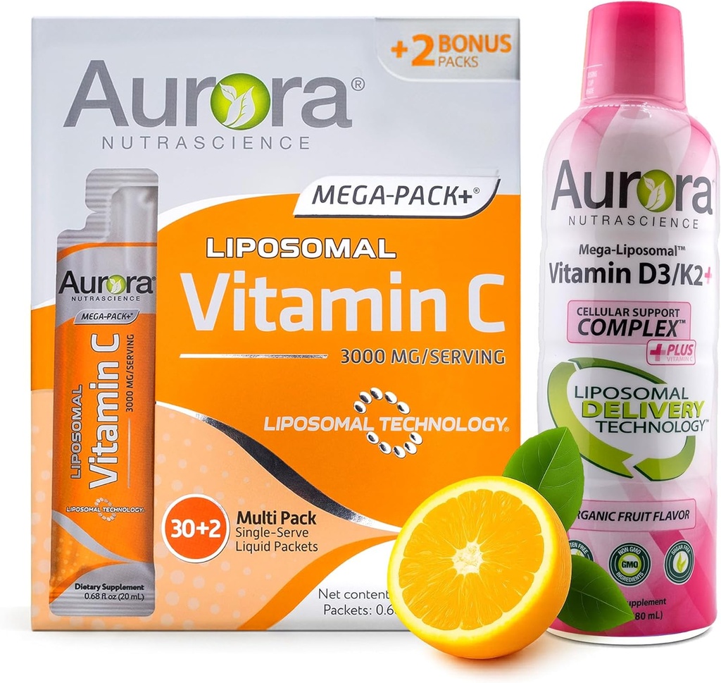 Aurora Nutrascience Mega Liposomal Vitamin C 32 Pack + Vitamin D3/K2 Bottle Bundle - 免疫支持和认知健康补充 - 32个服务对象