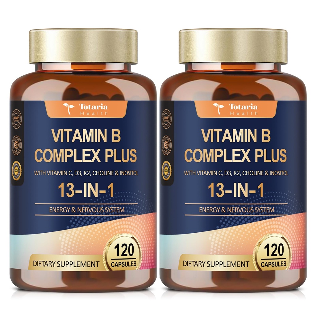 13-in-1 维生素B 复合物 加维生素B1,B2,B3(Niacin),B4,B5,B6,B7(Biotin),B8(Inositol),B9(Folate),B12,C,D3,K2换能源,Nerve,Imune,Skin - 每瓶120个盖子 - 2个瓶子