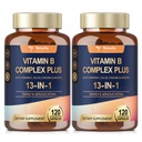 13-in-1 维生素B 复合物 加维生素B1,B2,B3(Niacin),B4,B5,B6,B7(Biotin),B8(Inositol),B9(Folate),B12,C,D3,K2换能源,Nerve,Imune,Skin - 每瓶120个盖子 - 2个瓶子