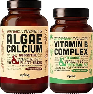 藻类钙 & Vegan Vitamin B Complex B Bundle - 来自红藻的钙辅料,基本 B 维生素 与全食品混合, B1, B2, B3, B5, B6, B7, Folate