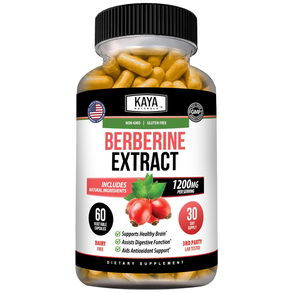 Kaya Naturals Berberine HCL 提取 1200mg - Immune System - Gluco级 - Gut健康(Vegetarian, Non-GMO & Gluten-Free) Berberine 补充(60 count (Pack of 1))
