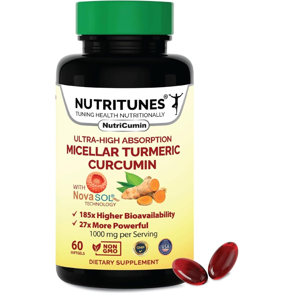 Turmeric Curcumin Supplement 1000mg,用于联合支持-185x 生物可用和高吸收NovaSOL技术 – 60 NutriCumin软胶