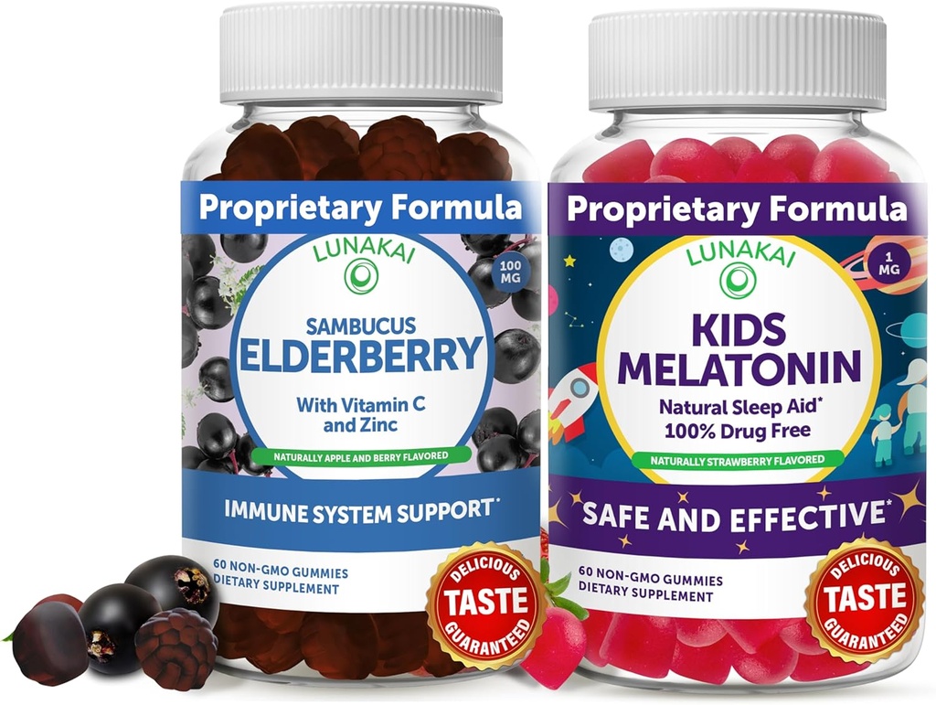Lunakai 成人长莓和孩子 Melatonin Gummys Bundle - 成人和儿童用锌和维生素C提供免疫支持----非GMO、Vegan、Gluten 自由自然睡眠