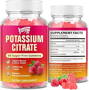 Potasium Citrate Gummys 1000mg, 成人女性和男性的Potasium补充, 支持腿板和肌肉健康, 60 counter