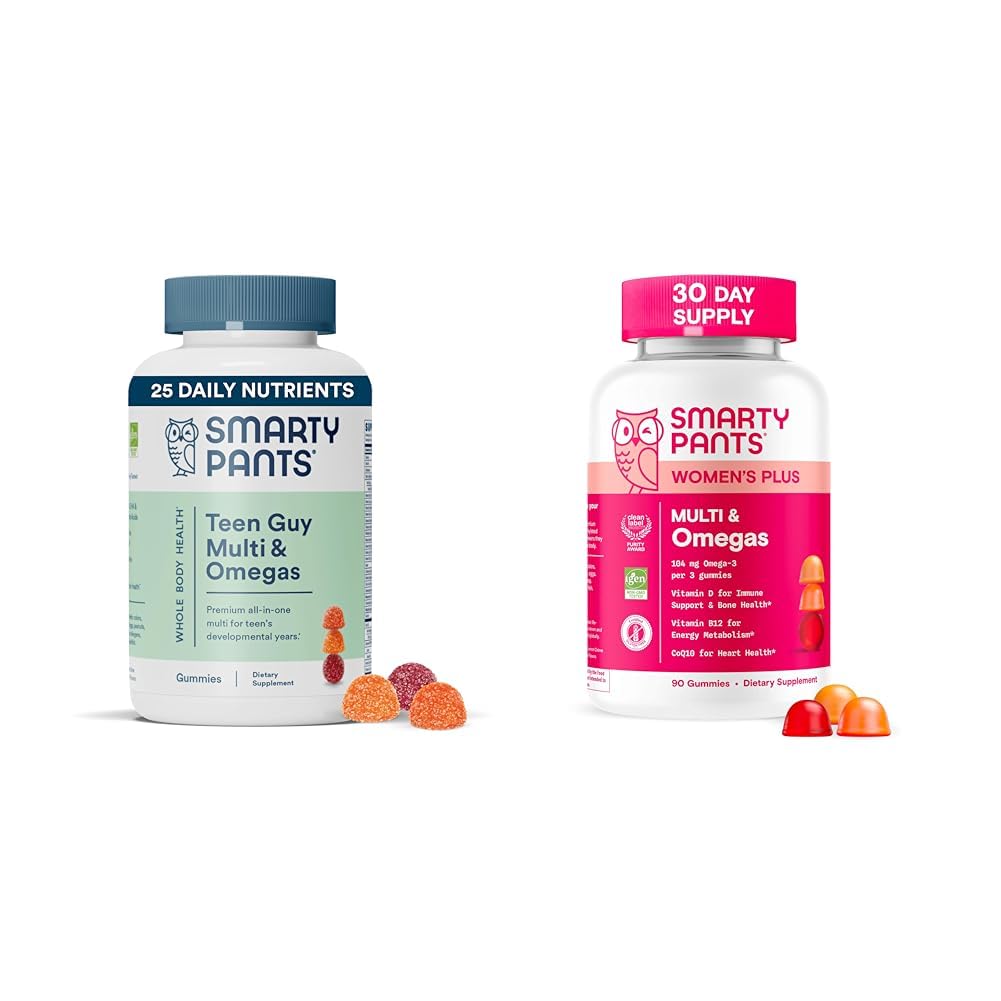 SmartyPants Women's and Ten Guy Multivitamin Gummys Bundle: Omega 3 (DHA/EPA), 甲基folate, CoQ10, 维生素D3, C, 维生素B12, B6, 维生素A, K & Zinc, Gluten Free (30天供应)