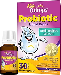 Ddrops Kids Probiotic Liquid Drops, Dual Probiotic Support, Helps Support Kids' Immune and Digestive Health, 30 Servings