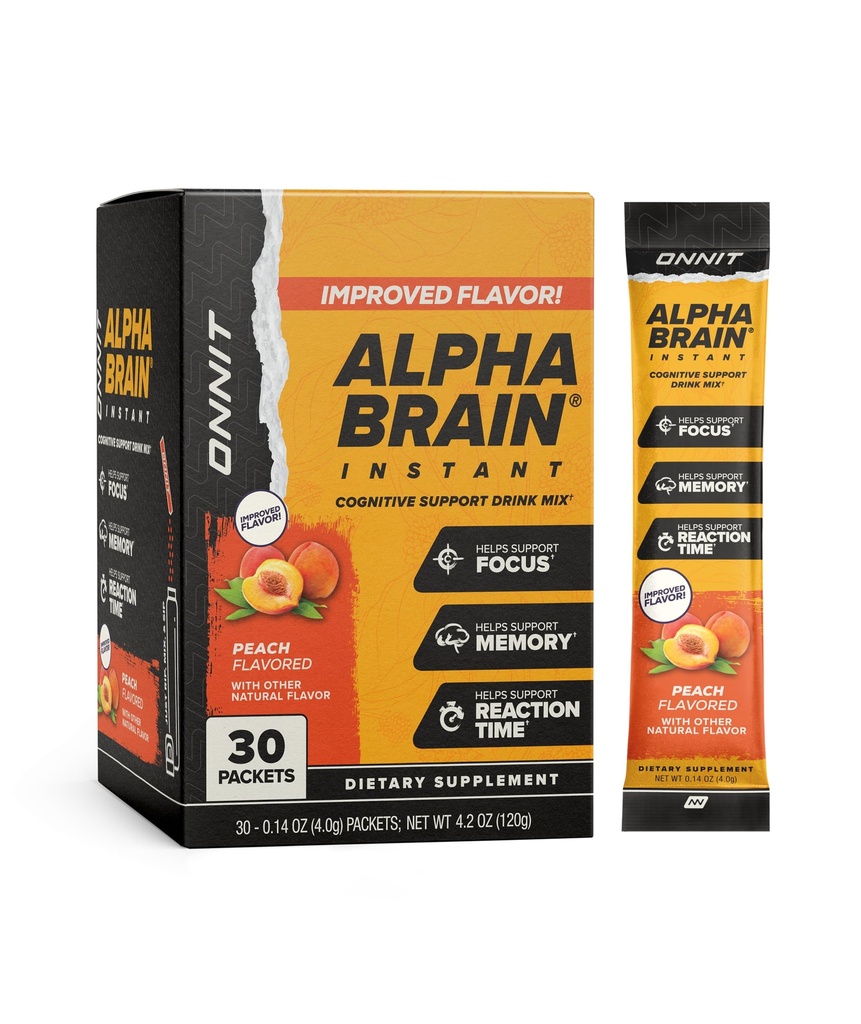 ONNIT Alpha Brain Instant Peach Flavor - 诺特罗派大脑助推器记忆增量 - 为焦点,能量和清晰度 - Alpha GPC Choline, Cats Claw, L-Theanine, Bacopa - 30ct