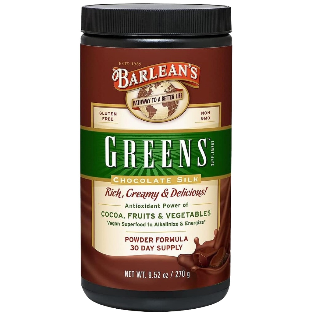 Barlean的巧克力绿粉,每日水果和蔬菜超级食品补充品,绿色抗氧化剂混合剂和纤维滑冰饮料混合剂,9.52 oz