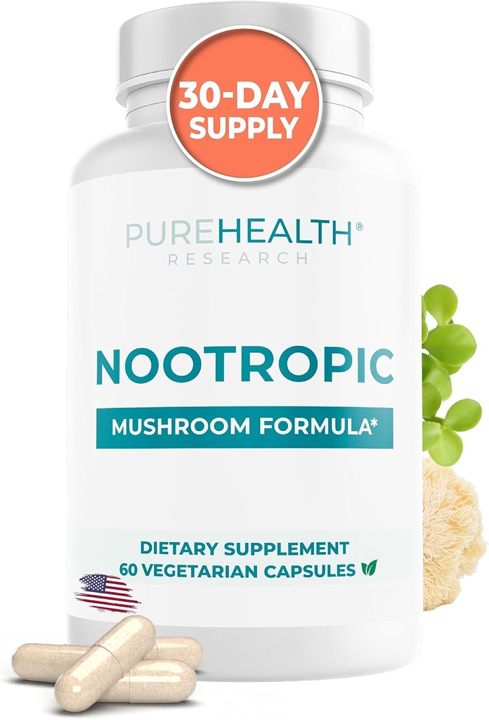 野生生物脑记忆和焦点补充 - Lions Mane、Shiitake、Chaga、Reishi蘑菇粉 - 用Bacopa Monnieri和Gingko Biloba 提取器改善认知健康 , 60 Capsules