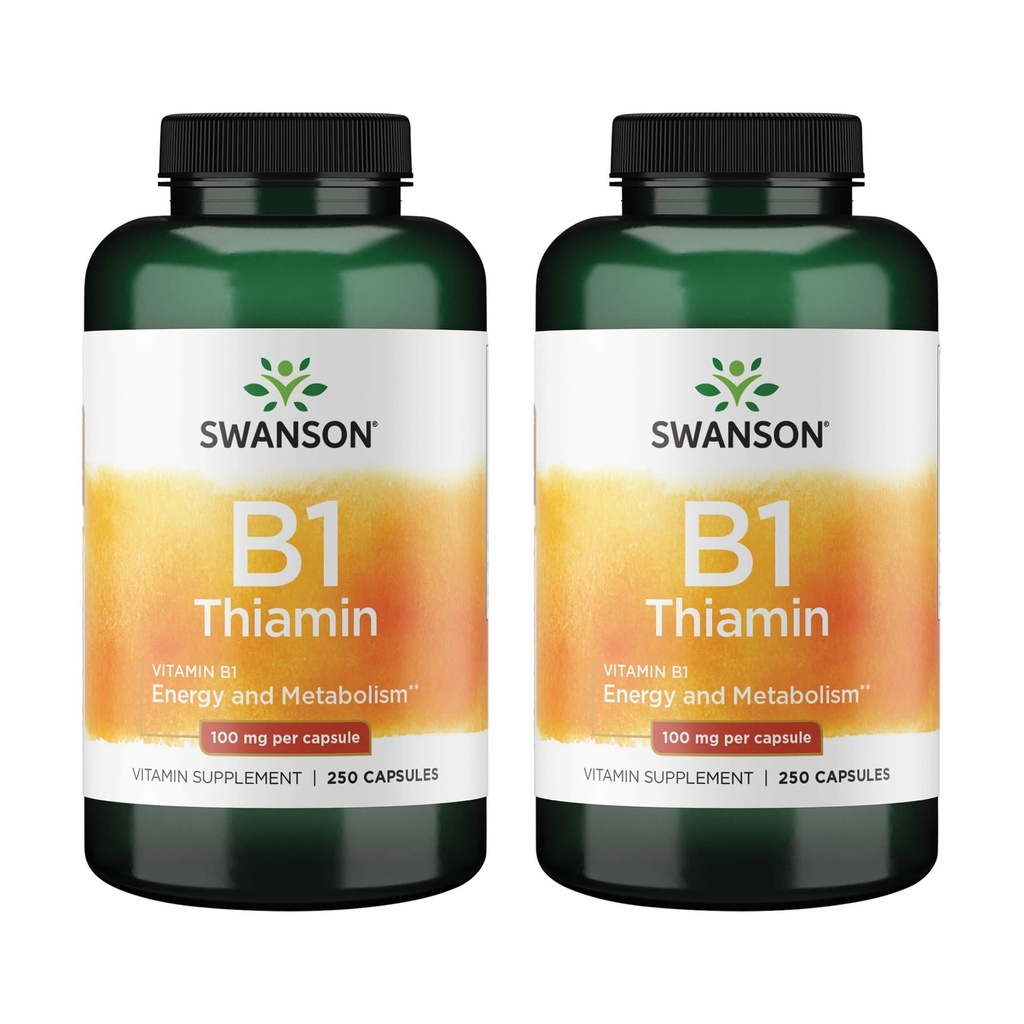 Swanson Vitamin B1 (Thiamin) - 促进健康代谢和提供能量支持 - 天然维生素补充支持优化神经细胞功能 - (250 Capsules, 每人100mg) (2 Pack)