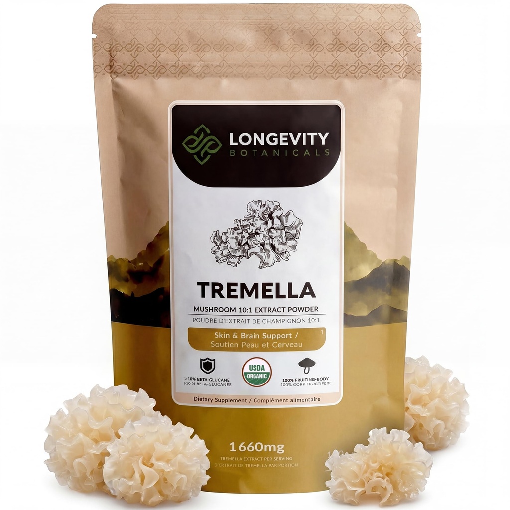 有机Tremella蘑菇粉 补充100g |纯果实体 10:1 高强度雪茄 提取 → 10% Beta-D Glucans → 16,600mg Raw Equivalent per service → 皮肤水分和大脑支持