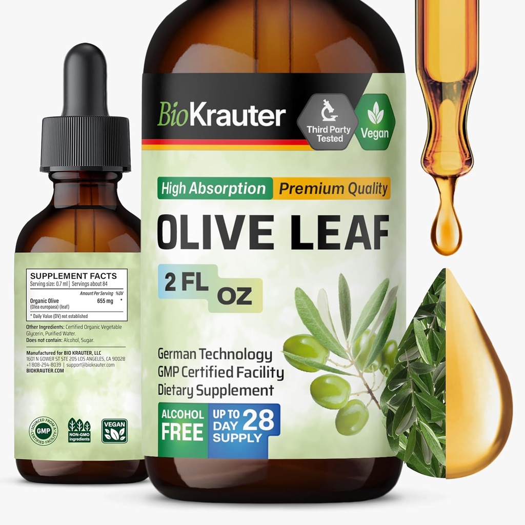 BIO KRAUTER 橄榄叶提取液 - 橄榄叶丁香用于免疫支持 - 无酒精和糖 - Vegan Drops 2 Fl.Oz.