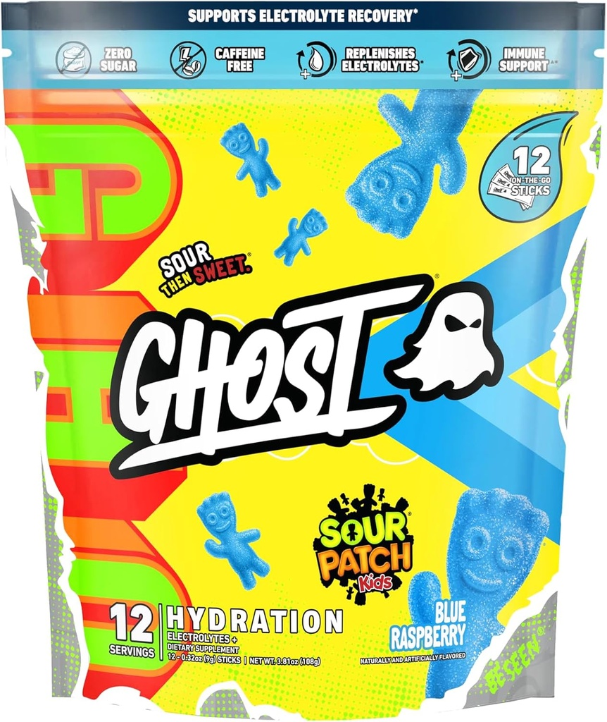 GHOST 水分包 酸补丁 儿童蓝莓 12根棒 电解质粉 - 与镁,钾,钙,维生素 C - Vegan, 不含大豆,糖和胶