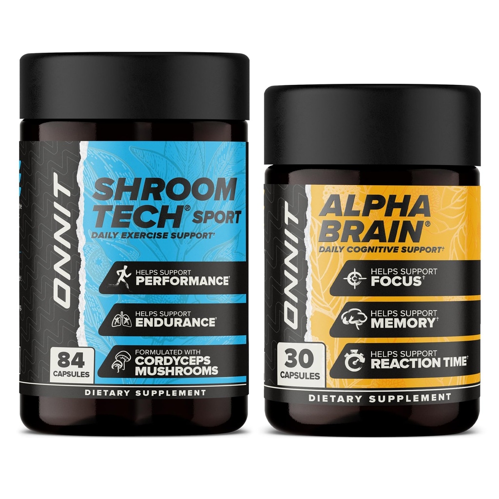ONNIT Alpha Brain Bundle - 诺诺氏大脑补充剂(30个计数),用于聚焦、集中和记忆 + Shroom Tech Sport 用于运动、能量和心血管性能(84个计数)