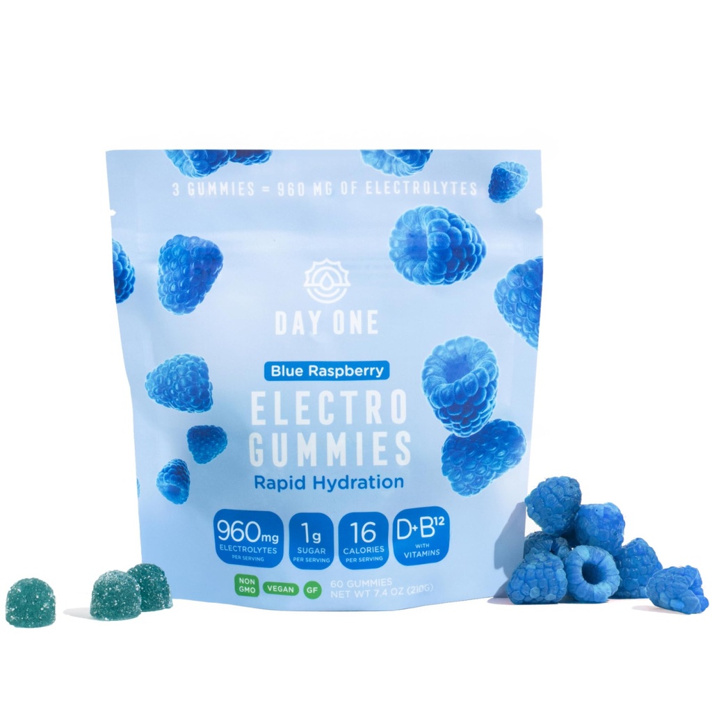 Day One Electrogummies - 60pcs of Blue Raspberry Flavored Electrolyte Gummies for Hydration and Recovery - Packed with Essential Electrolytes Ideal for Workouts, Running, Hiking and More
